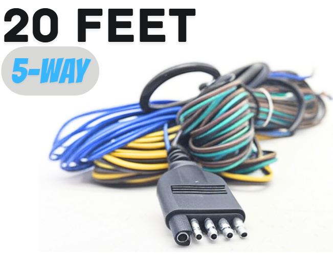 20FT 5-Way Trailer Wiring Harness, Jacketed 18AWG Cable, 5-Pin Flat Color-Coded Copper Extension, Trailer-Side for Utility & Boat Trailers