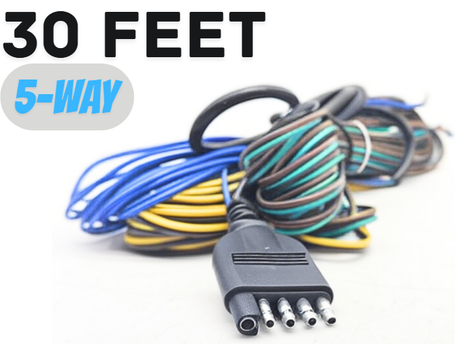30FT 5-Way Trailer Wiring Harness, Jacketed 18AWG Cable, 5-Pin Flat Color-Coded Copper Extension, Trailer-Side for Utility & Boat Trailers